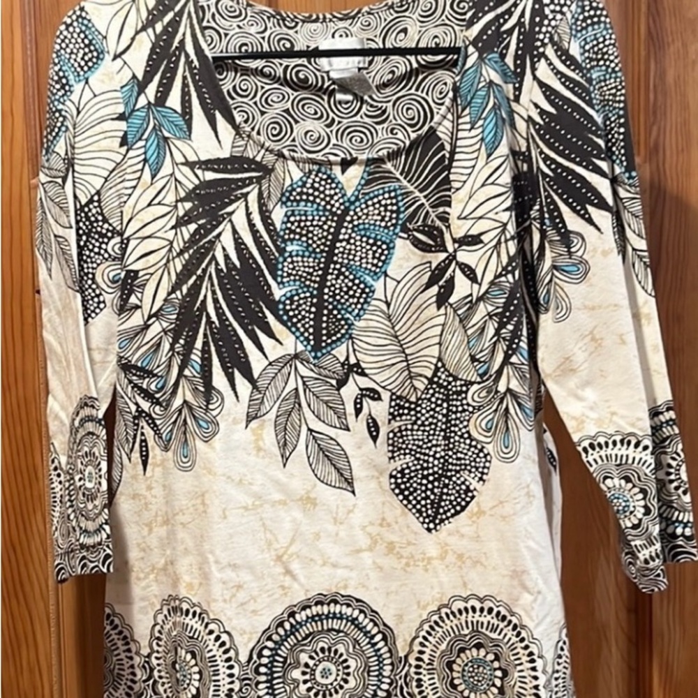🥥Chico's Tropical Native Design Cream & Black 3/4 Sleeves Lightweight Cotton M